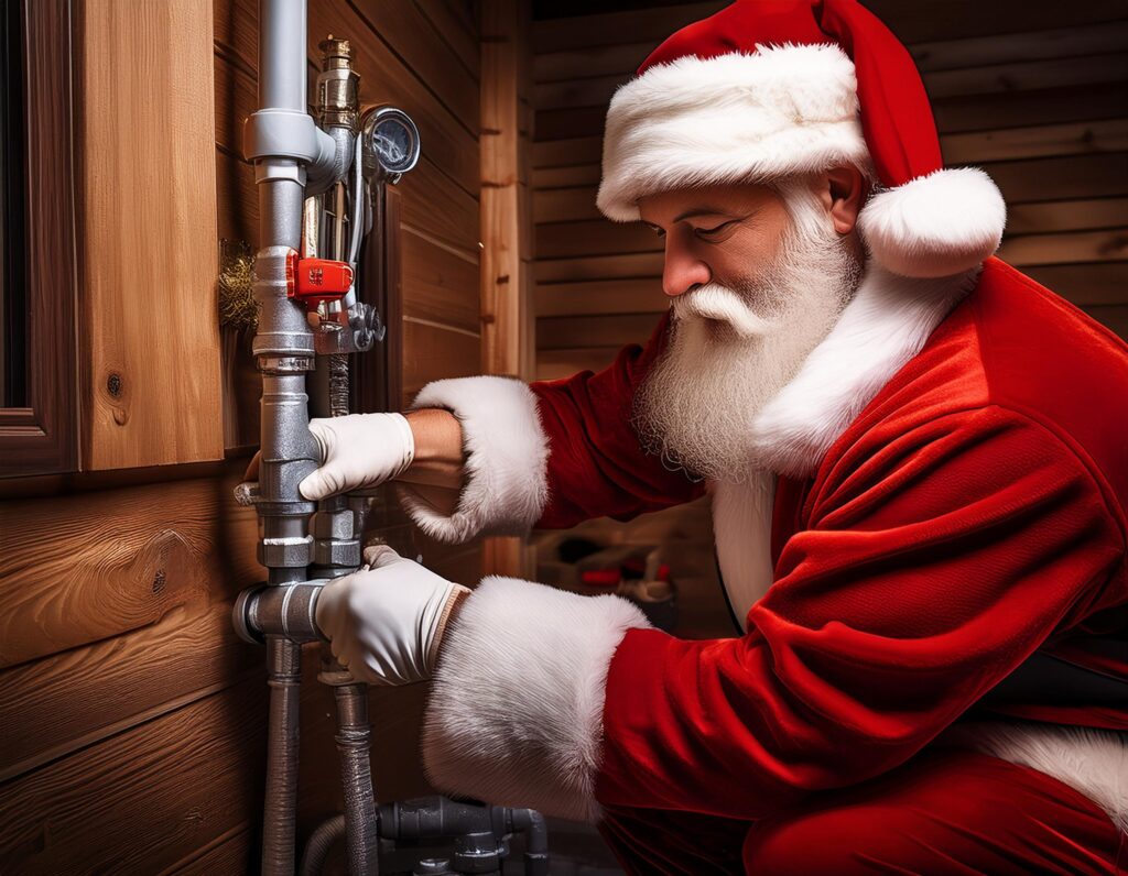 Holiday themed residential drain cleaning promotion with Santa Claus
